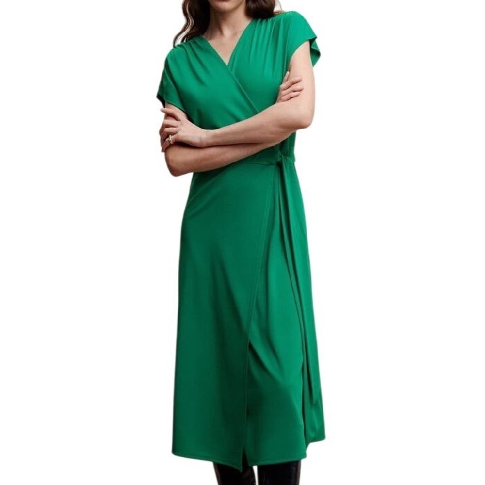 NWT Mango Women's Bow Wrap Midi Dress Kelly Green Size 6 Feminine Contemporary